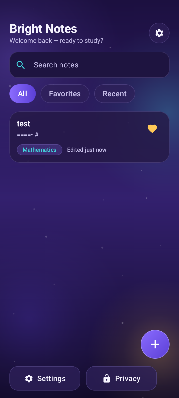 Bright Notes library showing search and notes